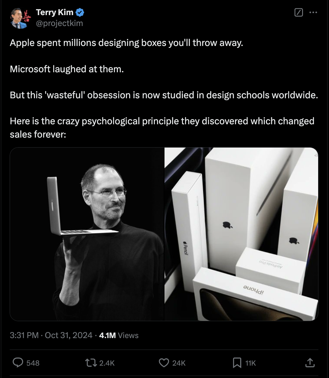 Terry Kim viral post about Apple design psychology - 4.1M views