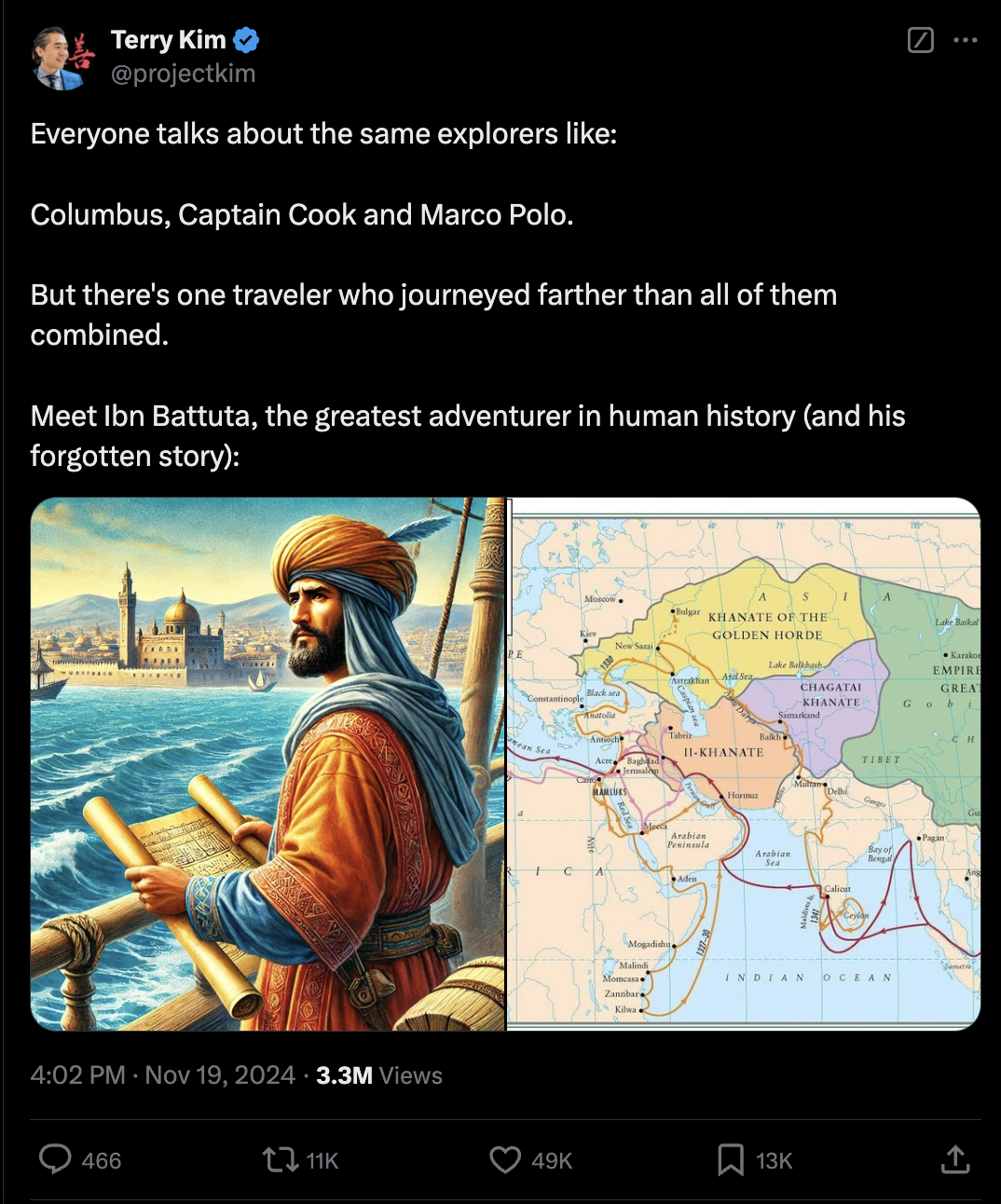Terry Kim viral post about Ibn Battuta explorer - 3.3M views